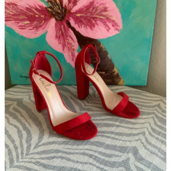 Lulus Taylor Red Suede Ankle Strap Heels Size 5.5 - Picture 2 of 7